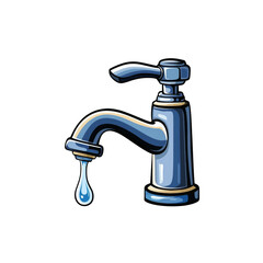 A cartoon illustration of a blue metal faucet with a single drop of water falling from the spout.