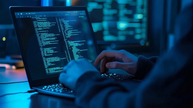 Hands typing on the laptop. Hacker in dark operating room. Cybercrime, attack and cyberattack concept. Cybersecurity, data protection. IT specialist, programmer