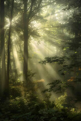 Obraz premium Serene Sunlit Forest: Capturing Ethereal Sunbeams and Natural Beauty in a Tranquil Woodland Setting