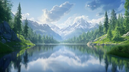 Tranquil Mountain Lake with Reflective Waters and Lush Greenery
