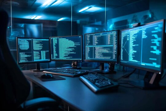 Dark computer room with multiple monitors. Cybersecurity operation center. Software development workspace. IT and Tech industry concept