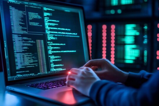 Hands typing on the laptop. Hacker in dark operating room. Cybercrime, attack and cyberattack concept. Cybersecurity, data protection. IT specialist, programmer