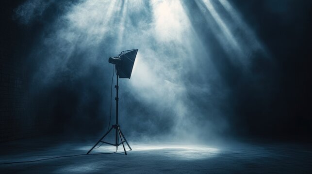 Professional studio lighting setup with softboxes illuminating a smoky atmosphere in a dark environment
