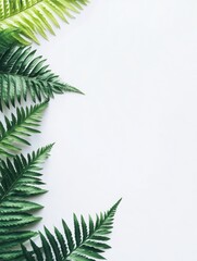 Obraz premium Vibrant green ferns are artistically placed along the edge of a white background. The arrangement creates a fresh and natural feel, ideal for creative projects or designs
