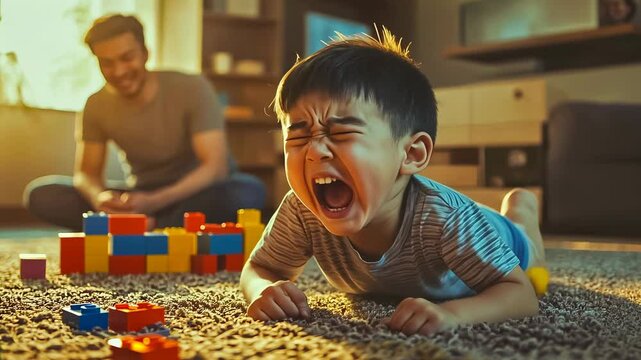 An Asian toddler boy plays joyfully with colorful building blocks in a living room, screaming excitedly as a young adult man, presumably his father, watches with a smile. The scene is bathed in warm