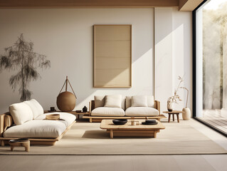 Modern minimalist japandi inspired living room interior with neutral walls, couch and coffee table. Simple wabi sabi style living room interior.
