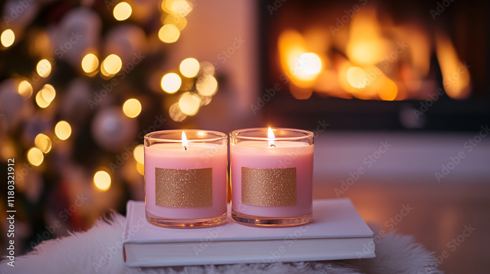 Poster lit candles with festive bokeh lights and a cozy fireplace in the background