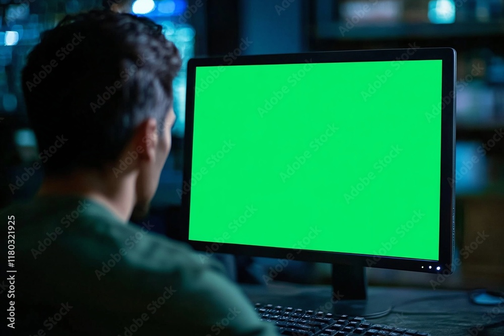 Poster hacker in mask working at green screen monitor mockup. dark operating room with multiple monitors. c