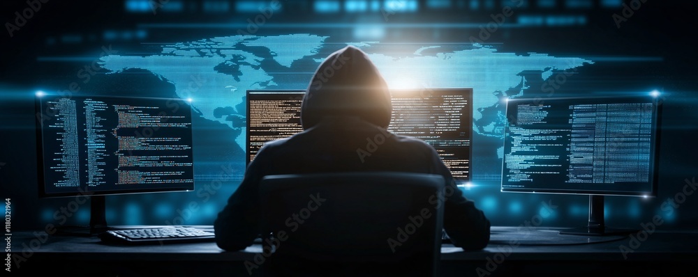 Poster Hooded hacker working on computer. Dark operating room with multiple monitors. Cybercrime, attack and cyberattack concept. Cybersecurity, data protection. Global network