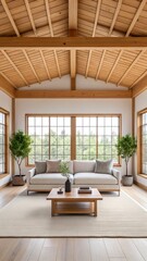 Modern Living Room with Wooden Ceiling and Large Windows, Japandi Style.	