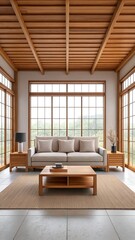 Obraz premium Modern Living Room with Wooden Ceiling and Large Windows, Japandi Style. 