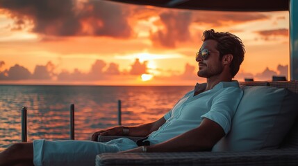 Fototapeta premium Man relaxing on a luxurious sofa overlooking the ocean during a vibrant sunset with warm orange tones