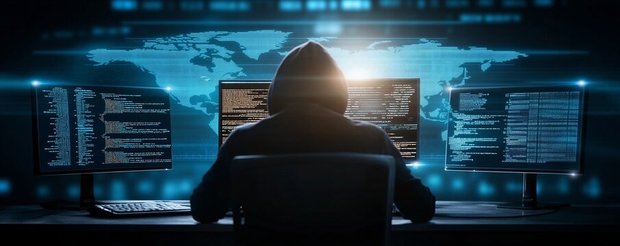 Hooded hacker working on computer. Dark operating room with multiple monitors. Cybercrime, attack and cyberattack concept. Cybersecurity, data protection. Global network