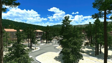 Obraz premium Sunny town square, pine trees, mountain backdrop. Possible game-related environment.