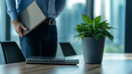 Office employee packing up their desk, a potted plant and spiral notebooks in hand, with a chair pushed back in a contemporary workspace.