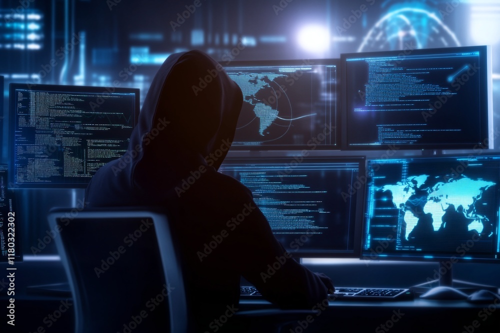 Poster Hooded hacker working on computer. Dark operating room with multiple monitors. Cybercrime, attack and cyberattack concept. Cybersecurity, data protection. Global network
