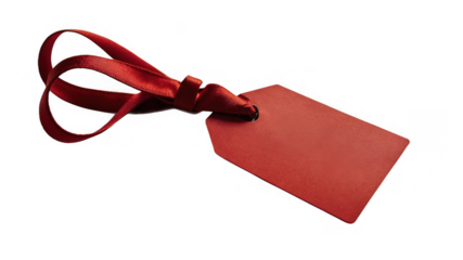 Blank red tag with ribbon on transparent background, perfect for labeling items or gifts in a variety of creative projects	