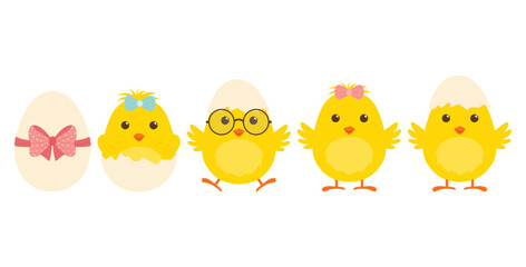 A set of cute little Easter chicks. Vector illustration.
