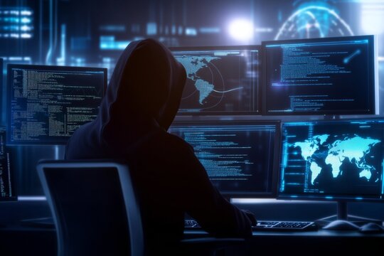 Hooded hacker working on computer. Dark operating room with multiple monitors. Cybercrime, attack and cyberattack concept. Cybersecurity, data protection. Global network