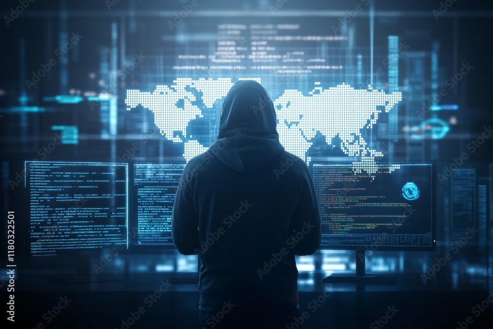Poster Hooded hacker working on computer. Dark operating room with multiple monitors. Cybercrime, attack and cyberattack concept. Cybersecurity, data protection. Global network