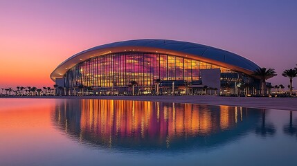 Obraz premium A modern architectural building reflecting sunset colors in a serene environment.