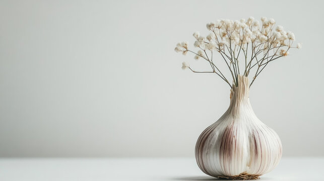 Dried flowers in a garlic bulb vase on white background.