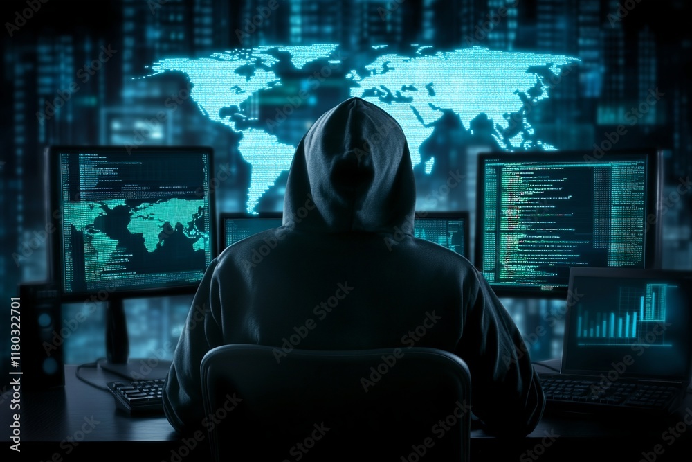 Poster Hooded hacker working on computer. Dark operating room with multiple monitors. Cybercrime, attack and cyberattack concept. Cybersecurity, data protection. Global network