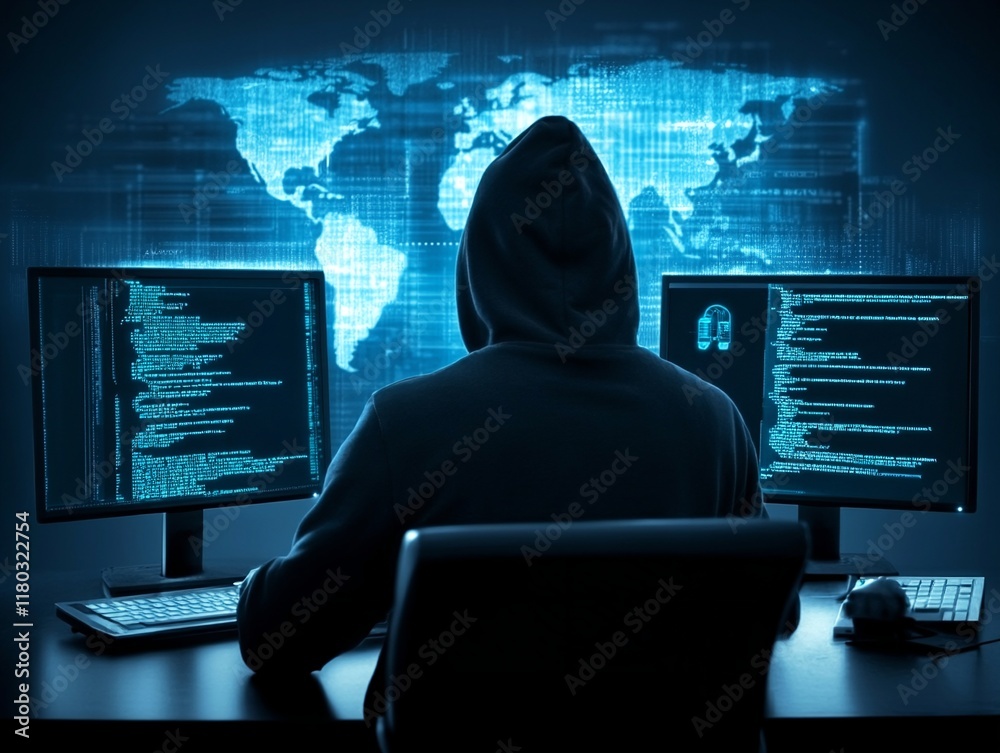 Poster Hooded hacker working on computer. Dark operating room with multiple monitors. Cybercrime, attack and cyberattack concept. Cybersecurity, data protection. Global network