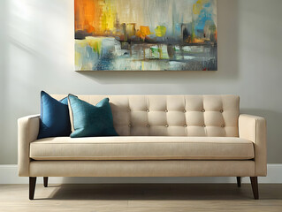 Cozy retro-inspired room with beige sofa and wall art, offering a balanced and inviting atmosphere.