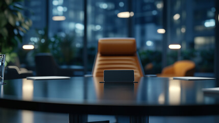 An empty cardholder-style nameplate rests on a round table surrounded by ergonomic chairs in a contemporary meeting space.