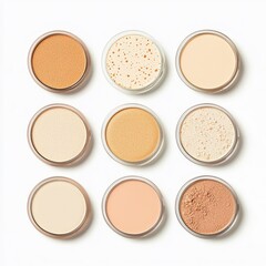 Fototapeta premium A flat lay of nine circular makeup powders in various shades, displayed in a grid pattern, showcasing diverse skin tones for beauty application.