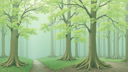 Obraz premium Lush green forest with distinctive roots and pathways under a soft misty atmosphere.