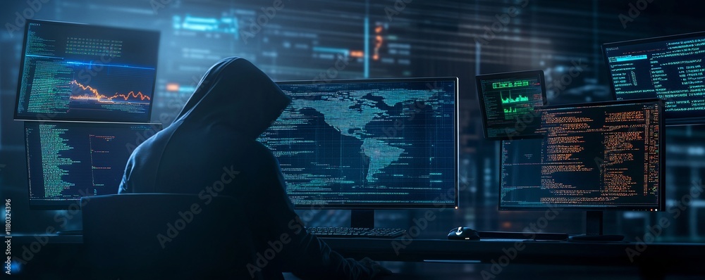 Poster Hooded hacker working on computer. Dark operating room with multiple monitors. Cybercrime, attack and cyberattack concept. Cybersecurity, data protection. Global network. Banner with copy space