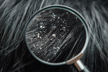 Close-up view of hair displaying dandruff under magnification