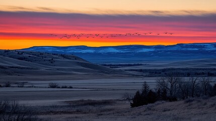 Sunrise over plains with birds migrating.