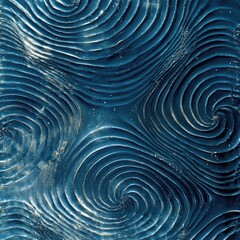 The image is a blue and silver swirl pattern that resembles waves