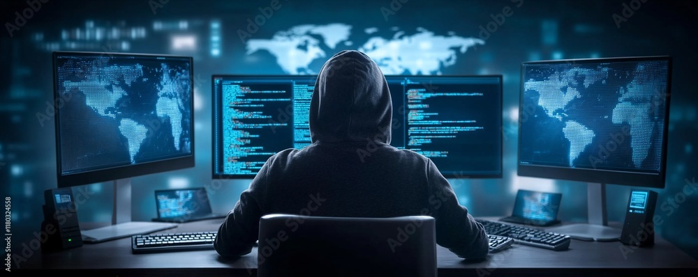 Poster Hooded hacker working on computer. Dark operating room with multiple monitors. Cybercrime, attack and cyberattack concept. Cybersecurity, data protection. Global network.