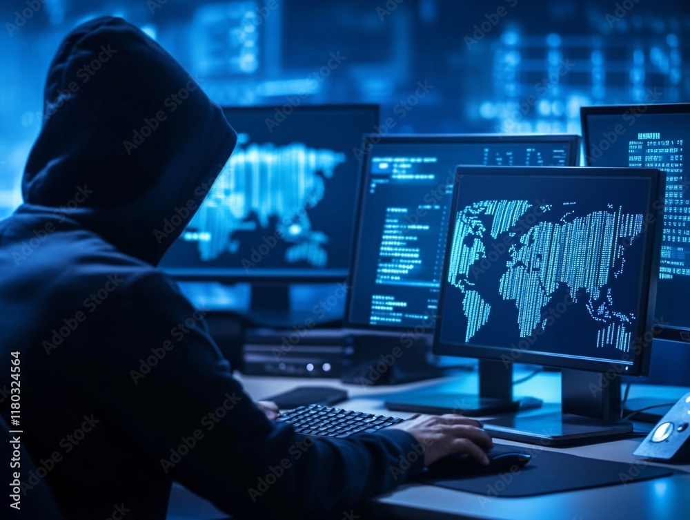 Poster Hooded hacker working on computer. Dark operating room with multiple monitors. Cybercrime, attack and cyberattack concept. Cybersecurity, data protection. Global network. Banner with copy space