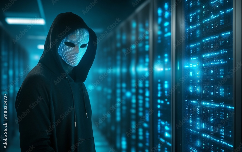 Poster hooded hacker in corporate data center. rows of rack servers. ai training cluster. cloud data storag
