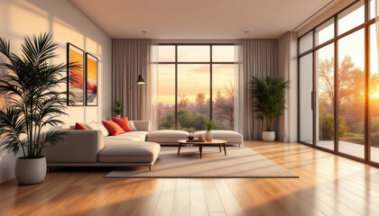 Modern japandi living room with large windows, a gray sofa, a coffee table, and various decorative elements.