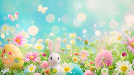 Fototapeta premium Easter Bunny Amidst Spring Flowers and Eggs