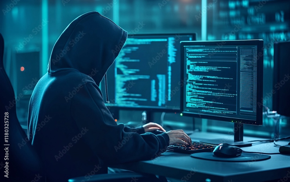 Poster Hooded hacker working on computer. Dark operating room with multiple monitors. Cybercrime, attack and cyberattack concept. Cybersecurity, data protection. Global network. Banner with copy space