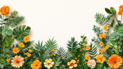 Tropical floral border on white background for spring themes.