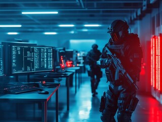 SWAT soldiers team in command center. Special forces in cyber war. Cybercrime, cybersecurity concept. Data and network protection. Armed FBI agent, police officer in operating room. Security guard