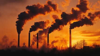 Smoke trails rise into a fiery orange sky as numerous smokestacks work in unison, highlighting industrial might against a blazing sunset.