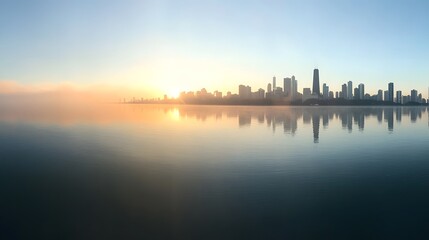 Naklejka premium Stunning Cityscape Reflection - Serene Urban Landscape at Dusk