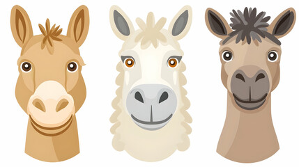 Cute cartoon animal faces, three different animal heads, friendly animal portraits,  isolated on white background.