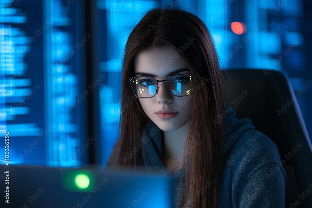 Poster young woman programmer working on computer. dark operating room with multiple monitors. cybercrime, 