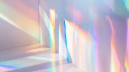 Dreamy holographic rainbow light refraction texture overlay with abstract soft bokeh effect on a white wall. Organic prismatic glow and natural shadows. Background with copy space
