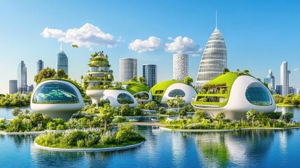 Sustainable Eco-City on Islands, Green Architecture, Future, Relaxing Views.